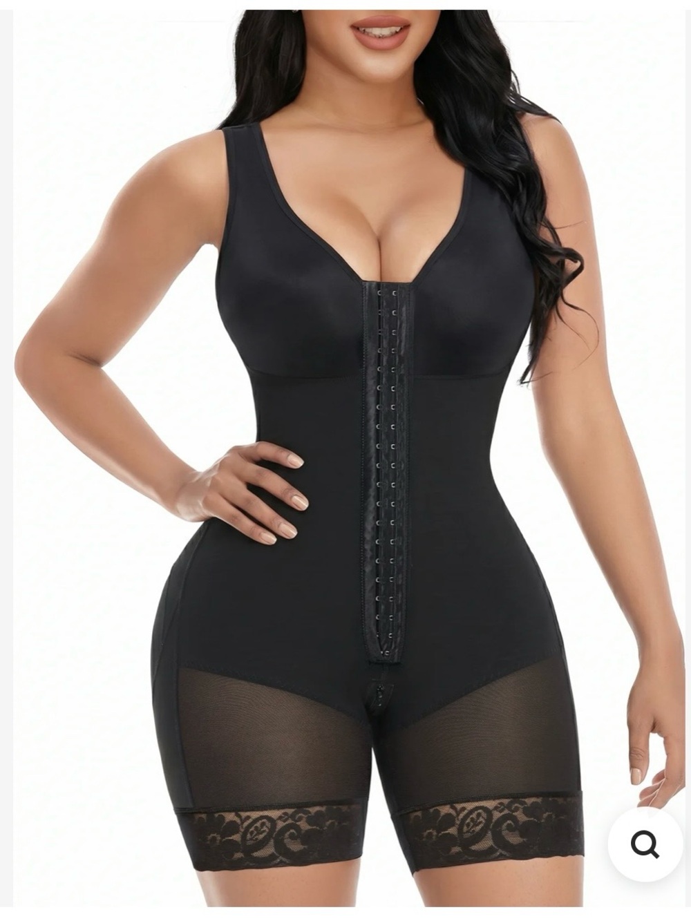 Sleek Black Full-Body Shaper with Front Hook and Lace Thighs